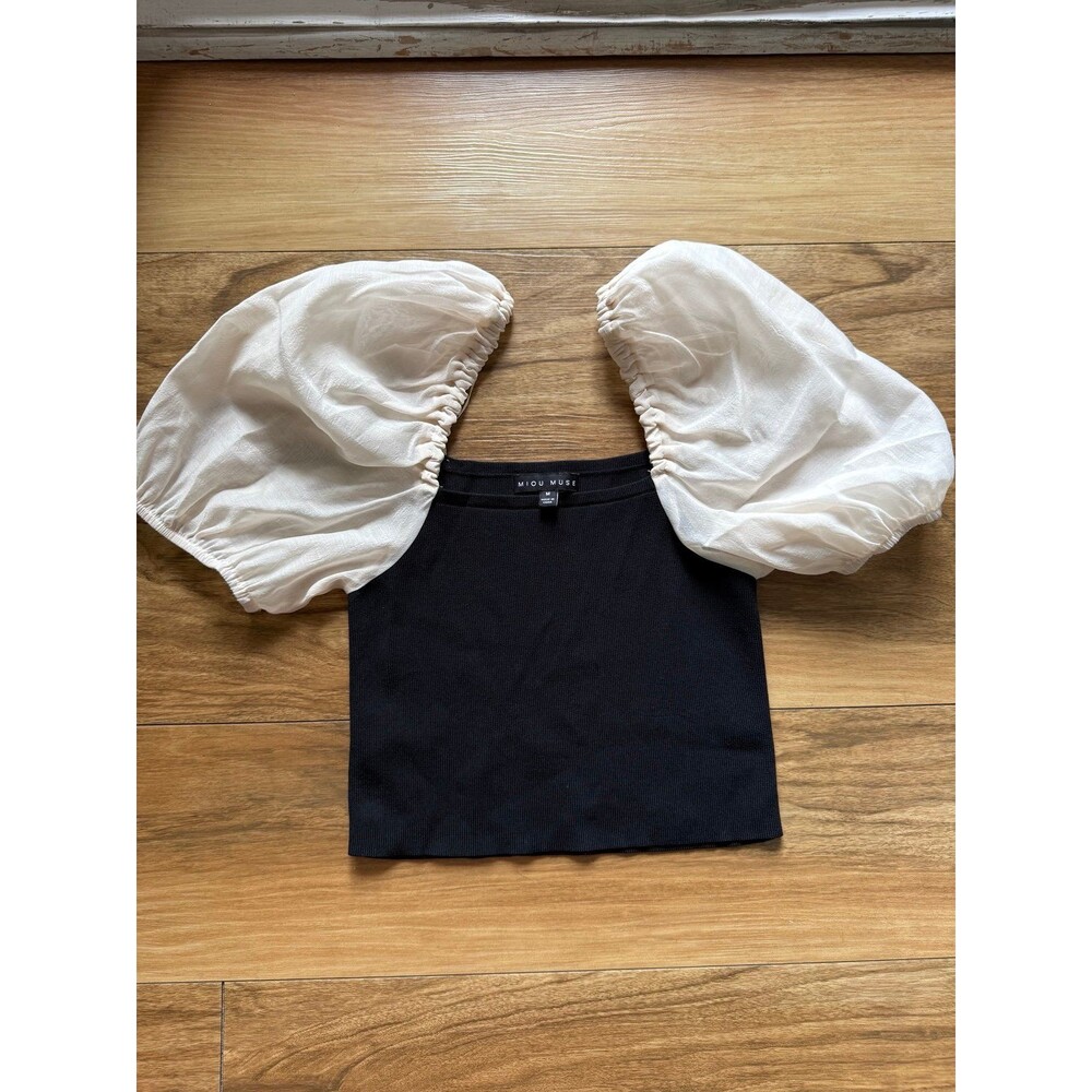 Miou Muse Black Ivory Dramatic Puff Sleeve Square Neck Top Size Medium